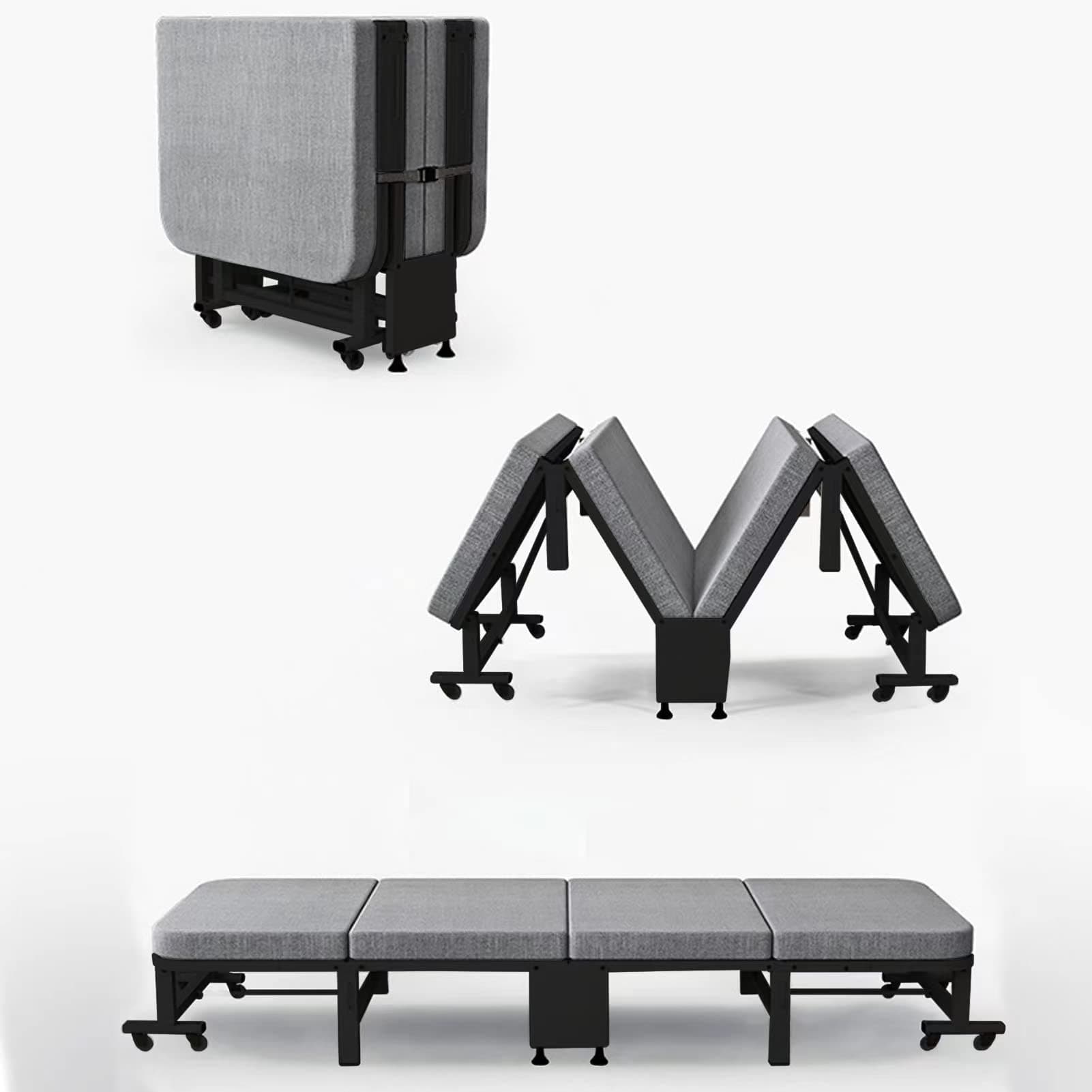 TDOOHeavy Duty Metal Build Folding Bed，Folding bed with 8 swivel casters，Four-fold design saves space，Upgraded Comfortable Cotton Linen - Black Frame…