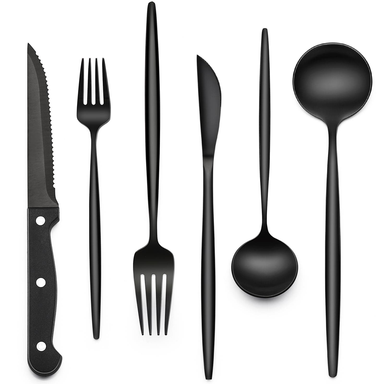24-Piece Black Silverware Set with Steak Knives, Black Flatware Set for 4, Food-Grade Stainless Steel Tableware Cutlery Set, Mirror Finished Utensil Sets for Home Restaurant, Long Edge