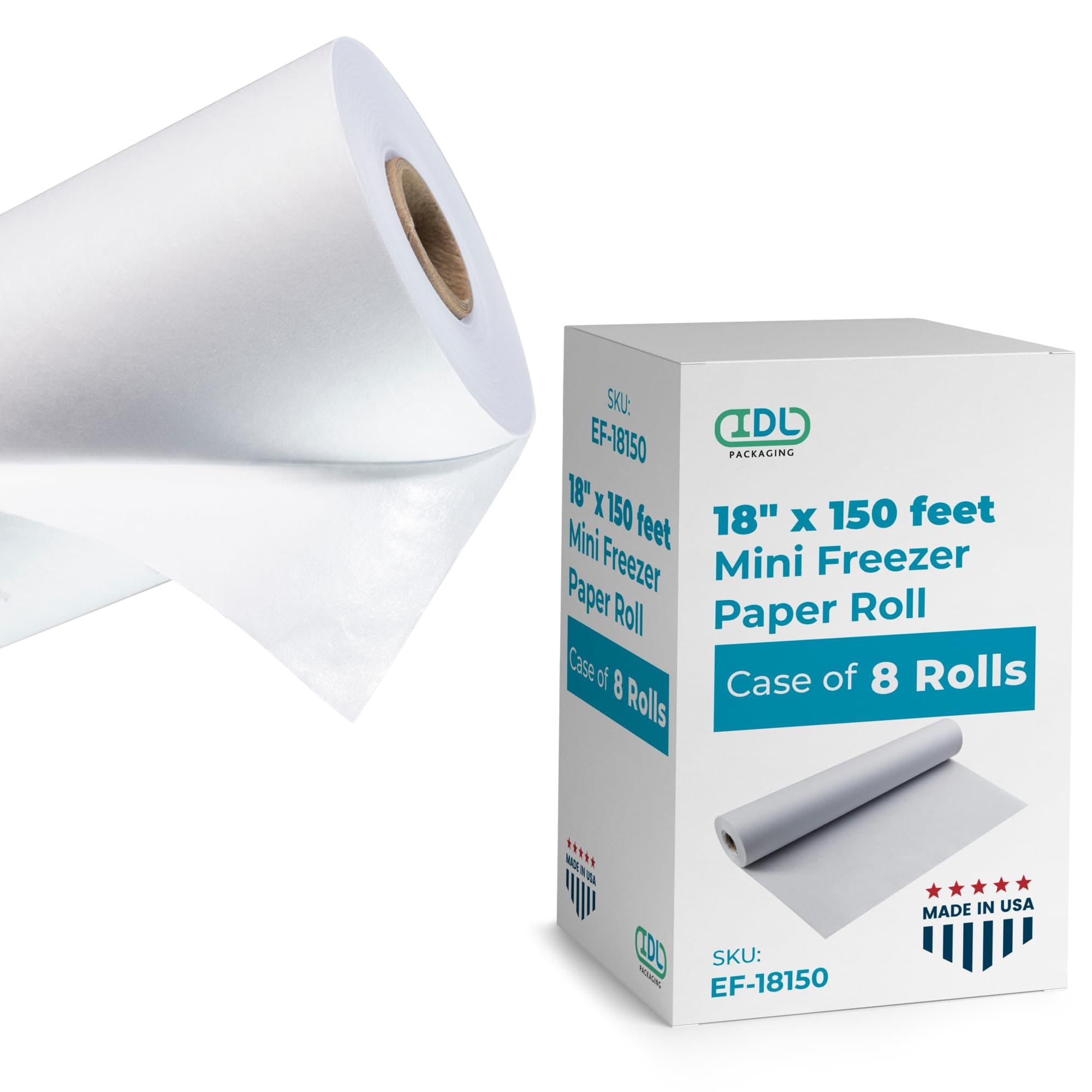 Freezer Paper Rolls 18" x 150' (150 feet), Pack of 8 - Freezer Paper for Meat & Fish - Rolls of Paper for Freezing Food - Freezer Wrapping Paper for Meat - Meat Paper for Wrapping by IDL Packaging