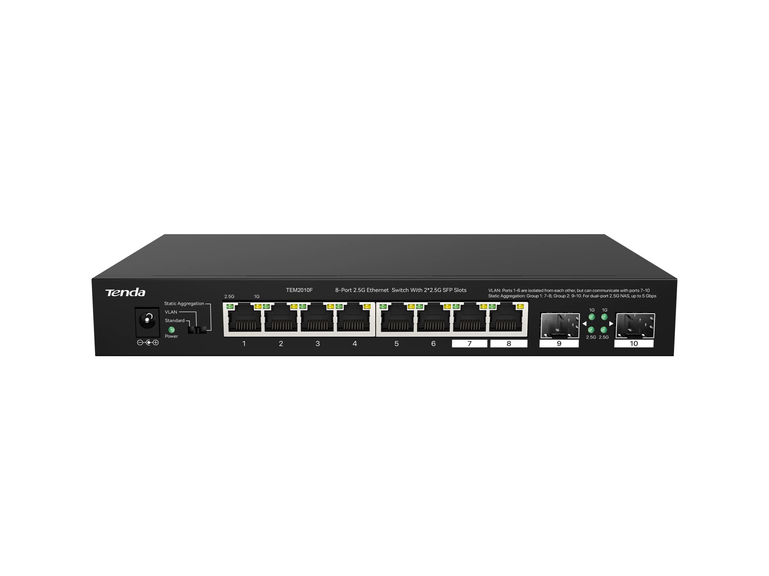 Tenda 2.5Gb Ethernet Switch | 10 Port 2.5G Network Switch | 8 x 2.5G Ports & 2 x 2.5G SFP+ | Plug & Play | Unmanaged Switch | Desktop/Wall-Mount | Metal Design | VLAN & Static Aggregation (TEM2010F)