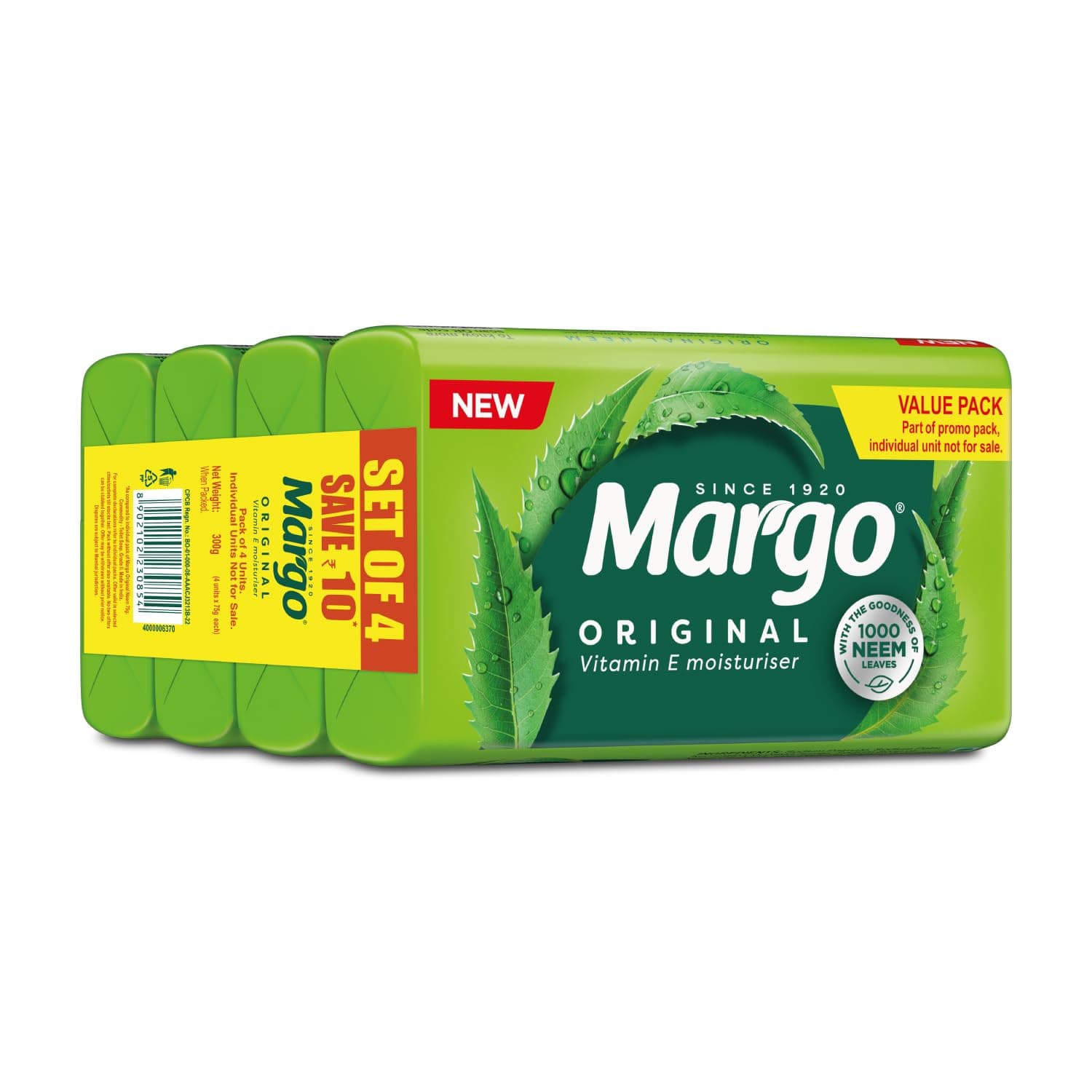 Margo Original Neem Soap 75g X 4 | Powered With Goodness of 1000 Natural Neem Leaves | Soap for Clear and Beautiful Skin | Infused with Vitamin E for Moisturising