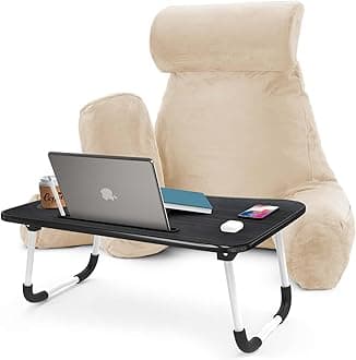 Nestl Reading Pillow with Portable Laptop Lap Desk - Shredded Memory Foam Back Support Pillow for Sitting Up in Bed and Couch Rest Pillows with Arms, Bed Tray Table with Foldable Legs, Cream