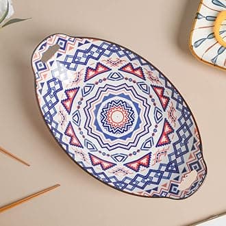 Nestasia Blue & Red Mandala Ceramic Long Dish with Handles for Serving Snacks, Appetizers, Salads, and Noodles| Microwave Safe, Dishwasher Safe (10.8 Inch)