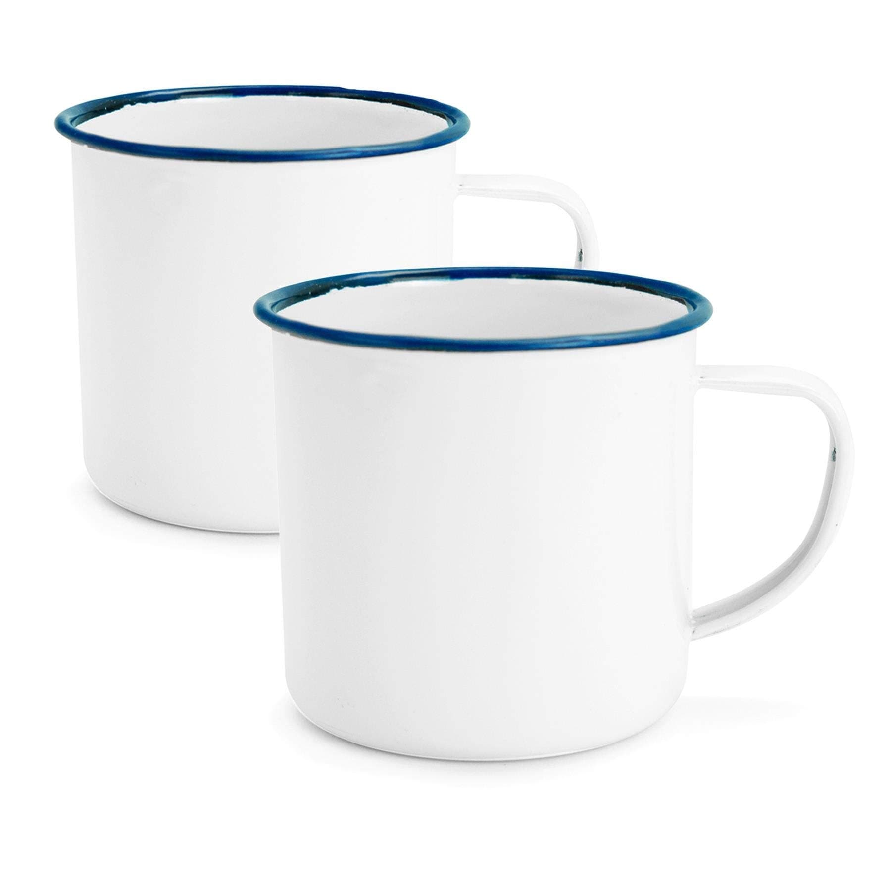 Rink Drink White Enamel Coffee/Teacups - 240ml - Blue Trim - Pack of 2