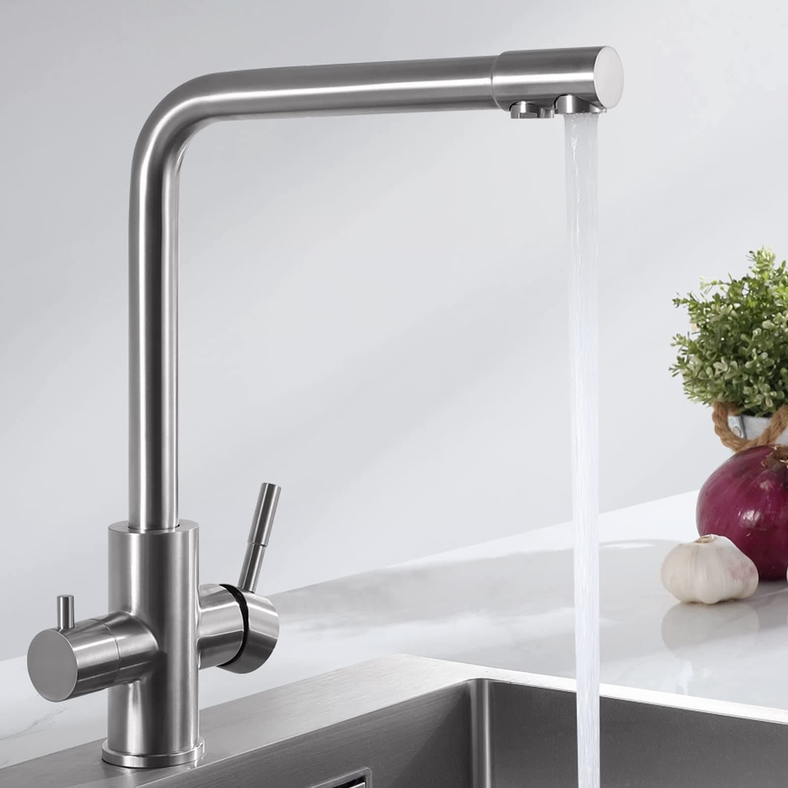 CECIPA Pure Kitchen Tap, 3-Way Kitchen Tap, 360° Rotatable, High Pressure Tap, Drinking Water Tap with Double Lever, 3-in-1 Mixer Tap for Osmosis Systems, Water Filter, Brushed Stainless Steel