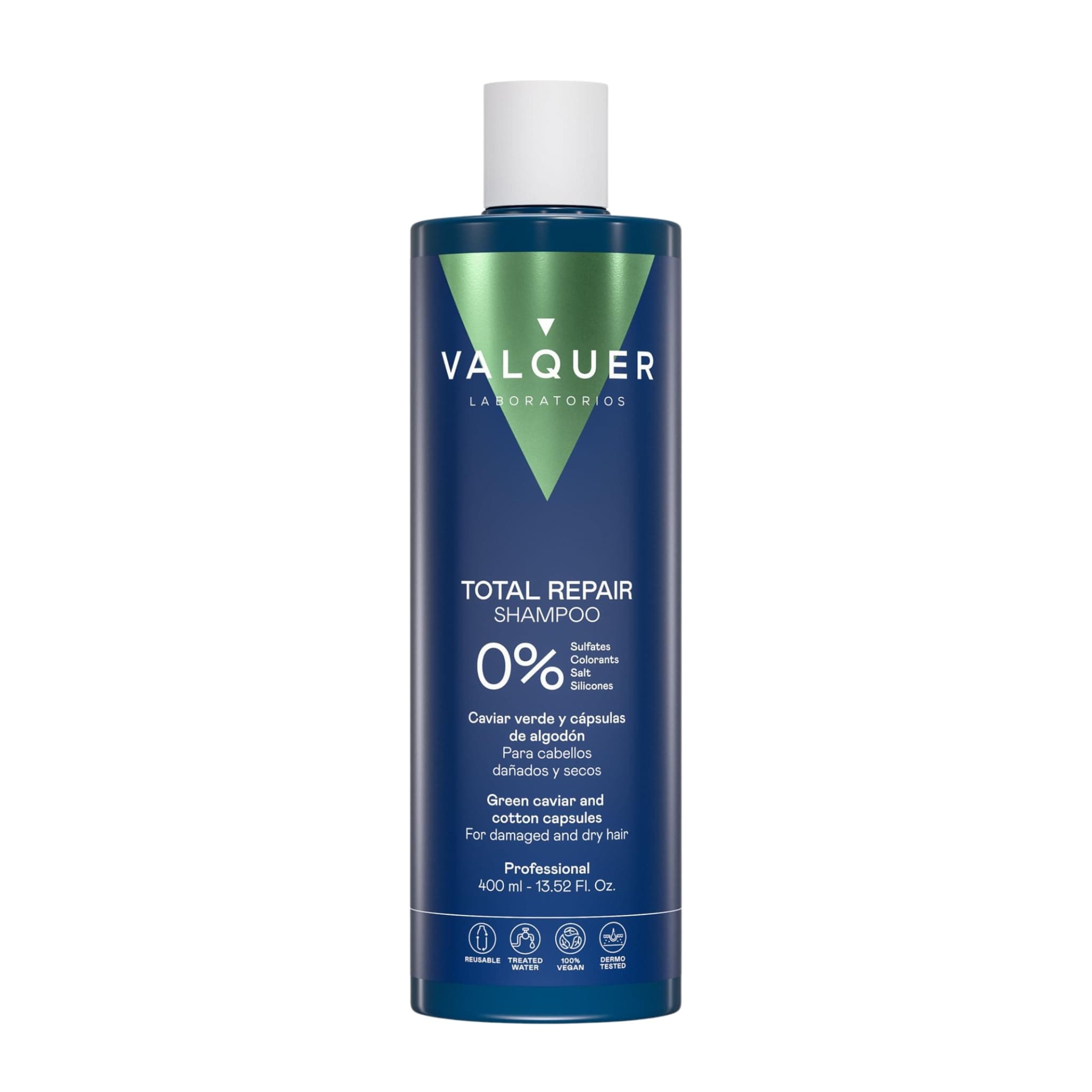 Valquer Total Repair Zero Shampoo. Repairs, Softens and Moisturizes Damaged and Dry Hair. Intense and Nutritious Hydration. With Green Caviar, Panthenol, Vitamin E and Cotton Capsules. Vegan. 400ml