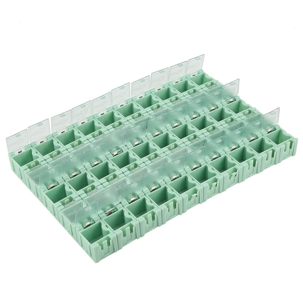 DEWIN 50pcs Green SMT SMD Container Box, Electronic Components Parts Storage Case with Transparent Lid, Mini Component Assortment Storage Box
