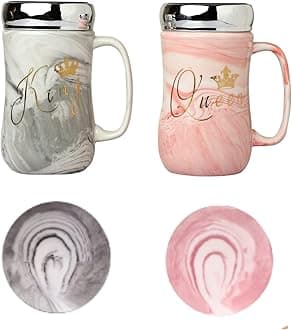 NYRWANA Coffee Mug, Couple Present, Wedding Present for Couples, Marriage Presents for Wedding, Valentine Gift, King & Queen Set of 2 Coffee Mugs, Lids and Beautiful Gift Box (360ml - Ceramic)