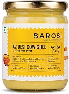 Barosi Premium A2 Cow Ghee 500 millilitre | A2 Danedar Desi Ghee | Churned from Curd with Bilona Method | Pure & Aromatic | Organic, Farm Made in Small Batches |Glass Jar Packing