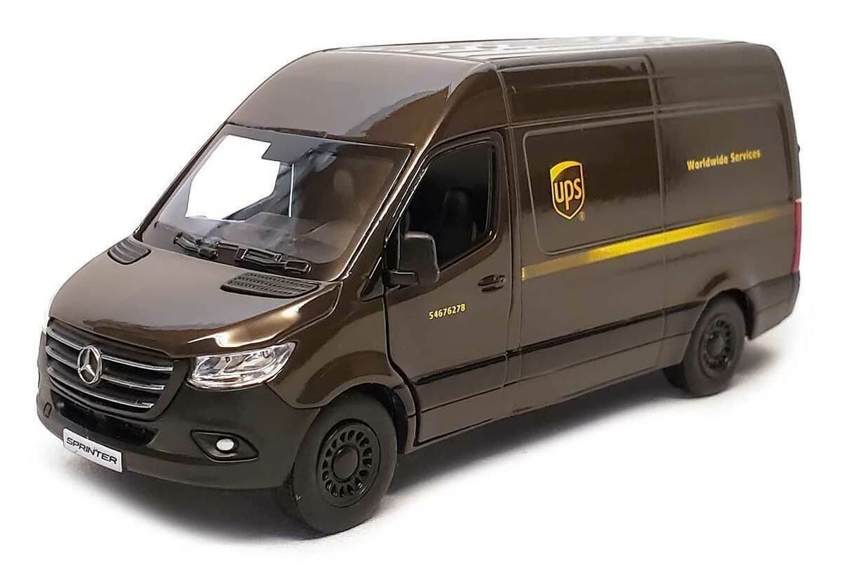Mercedes-Benz Sprinter UPS Edition Cargo Van, 1:48 O Scale Die Cast Metal Model Toy Van, Pull-Back Action