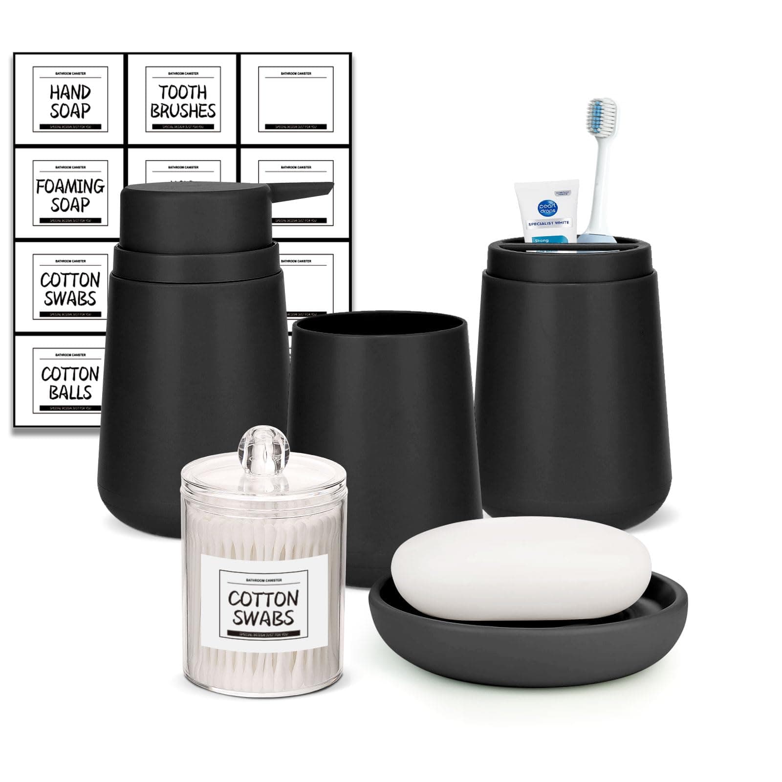 IMAVO Bathroom Accessories Set 4-Piece, Toothbrush Holder, Toothbrush Cup, Soap Dispenser, Soap Dish, Decorative Bathroom Accessories Set Set (Black)