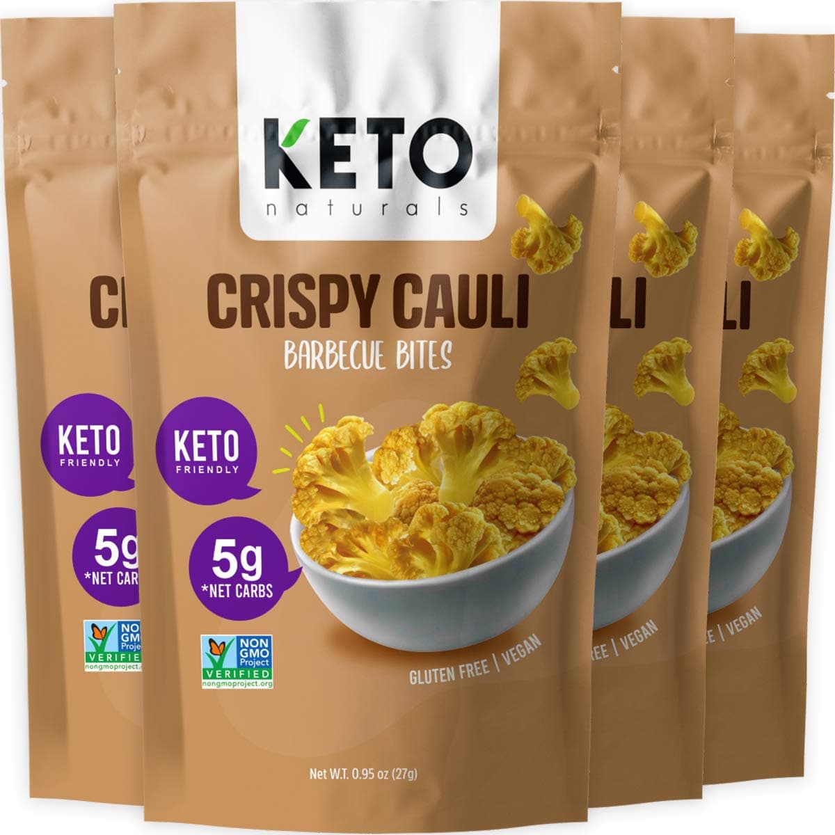 Keto Chips Low Carb Cauliflower Bites - 5g net carbs Cauliflower Chips Healthy Snacks for Kids and Adults (BBQ Flavor) Low Sugar Gluten free Vegan Paleo Atkins Food Low Carb Snacks (4 Packs)