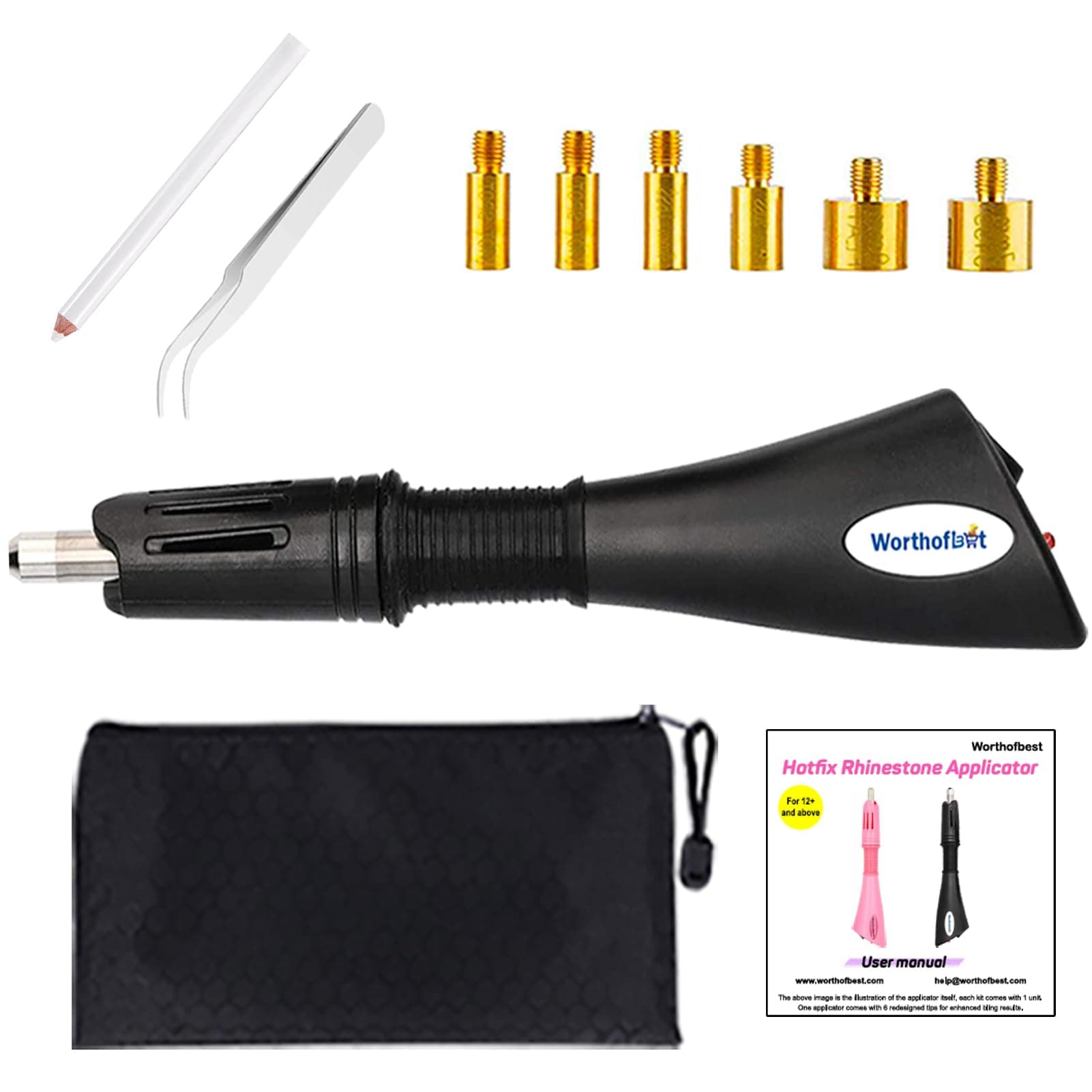 Hot Fix Applicator Tool Kit for Blinging Clothes, Fabric, Clothing, Leather, Hotfix Bedazzler Kit with 6 Redesigned Tips, Stand, Manual, Bag, Tweezers and Gem Picker