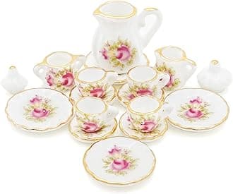 1:12 Miniature 15PCS Porcelain Tea Cup Set Pink Rose Chintz with Gold Trim Dollhouse Kitchen Accessories