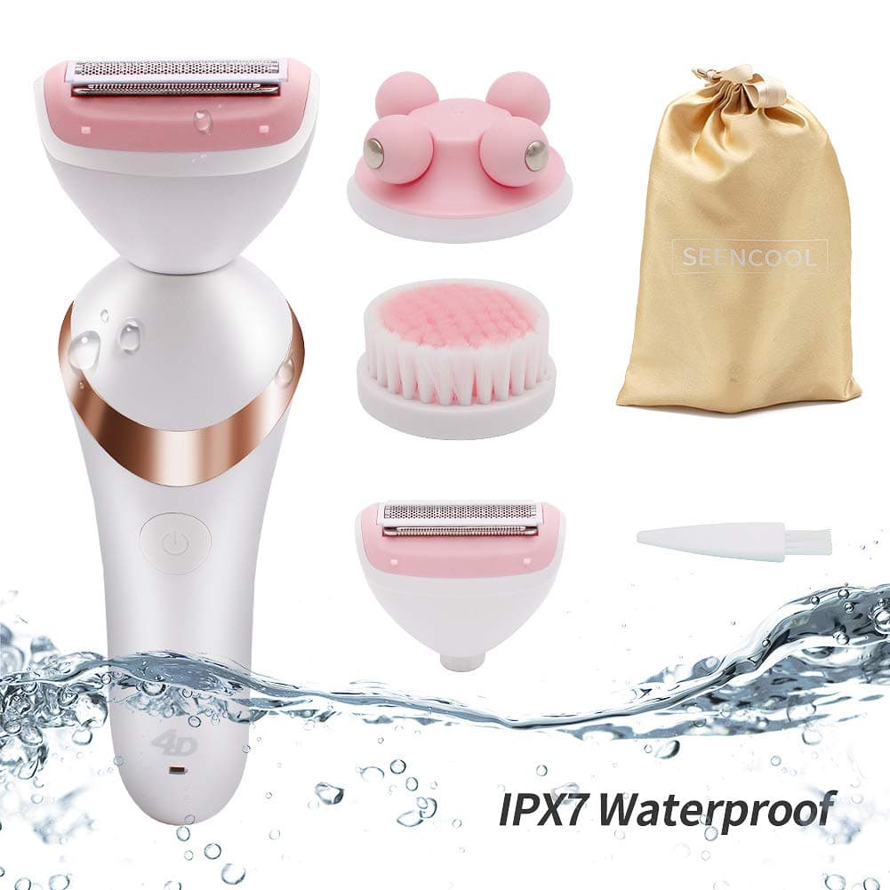 Electric Shaver for Women 3 in1 Multi-Function Waterproof Rechargeable Razor with Bikini Trimmer Facial Cleansing Spin Brush and Roller Massager Wet Dry