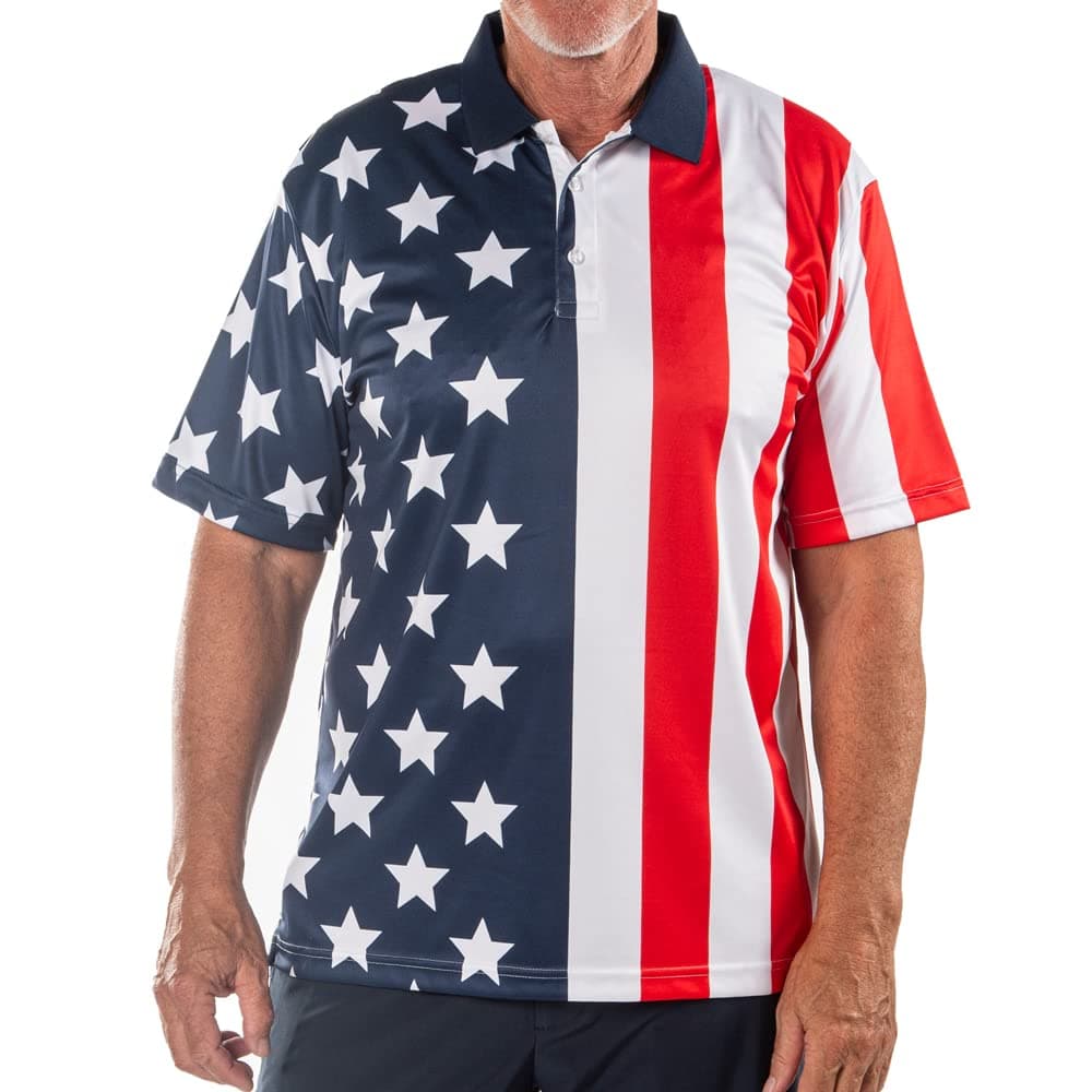 American SummerMen's Performance American Flag Polo Shirt | Pull-On Closure American Flag Golf Shirt | USA 4th of July Golf Shirts for Men