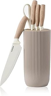 CAROTE6Pcs Knife Set with Block, High Carbon Stainless Steel Sharp Blade Block Knife Set, Cutlery with Ceramic Surface, Khaki