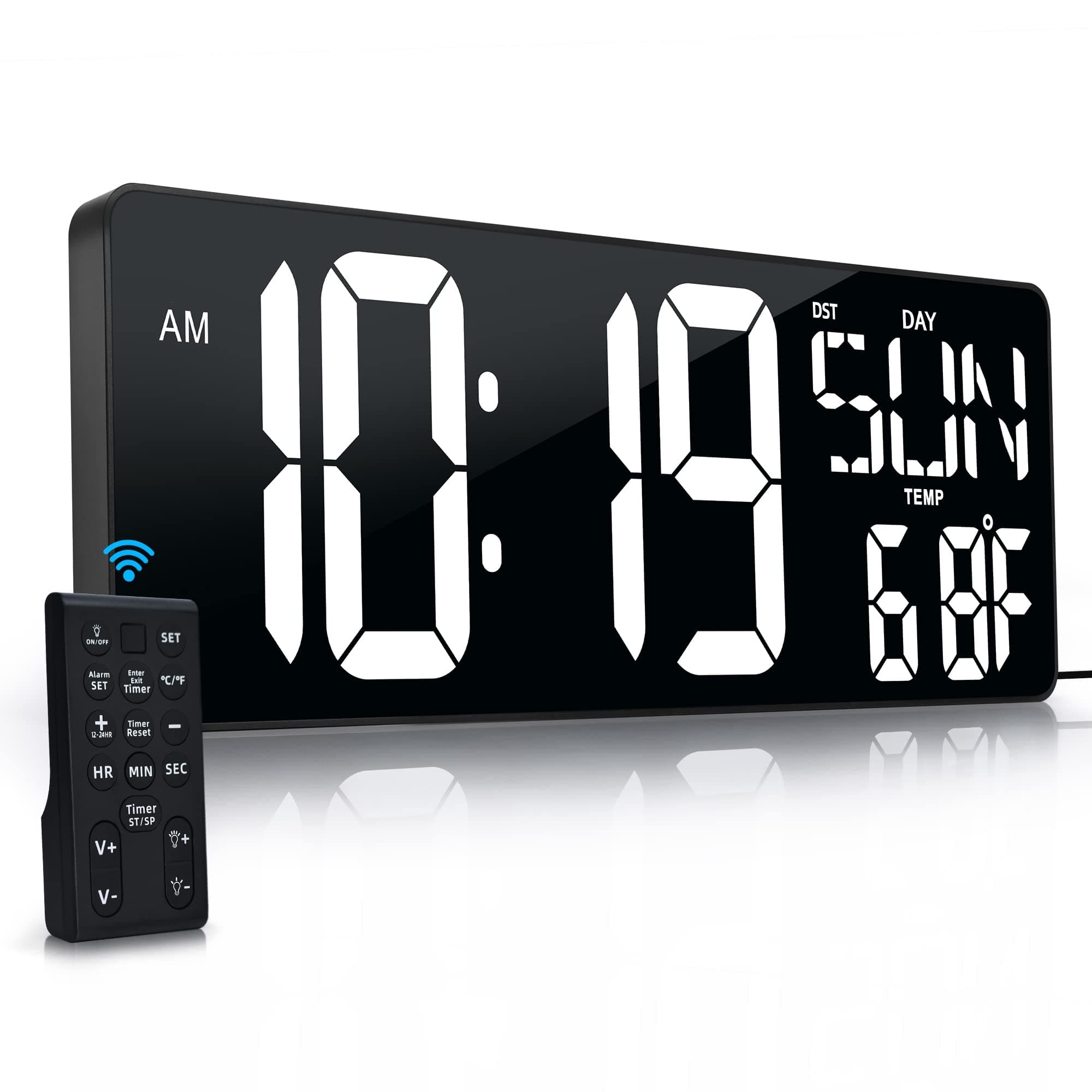 Large Digital Wall Clock with Remote Control 17.2" LED Large Display Timer with Temperature Date Week Auto DST Adjustable Brightness, Big Wall Alarm Clock for Living Room Office Garage Gym Seniors