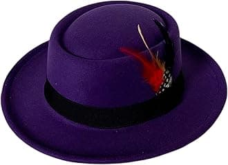 Wool Felt Fedora Hats for Women Men, Wide Brim Flat Top Hat Porkpie Hat, Jazz Hat with Feather Unisex