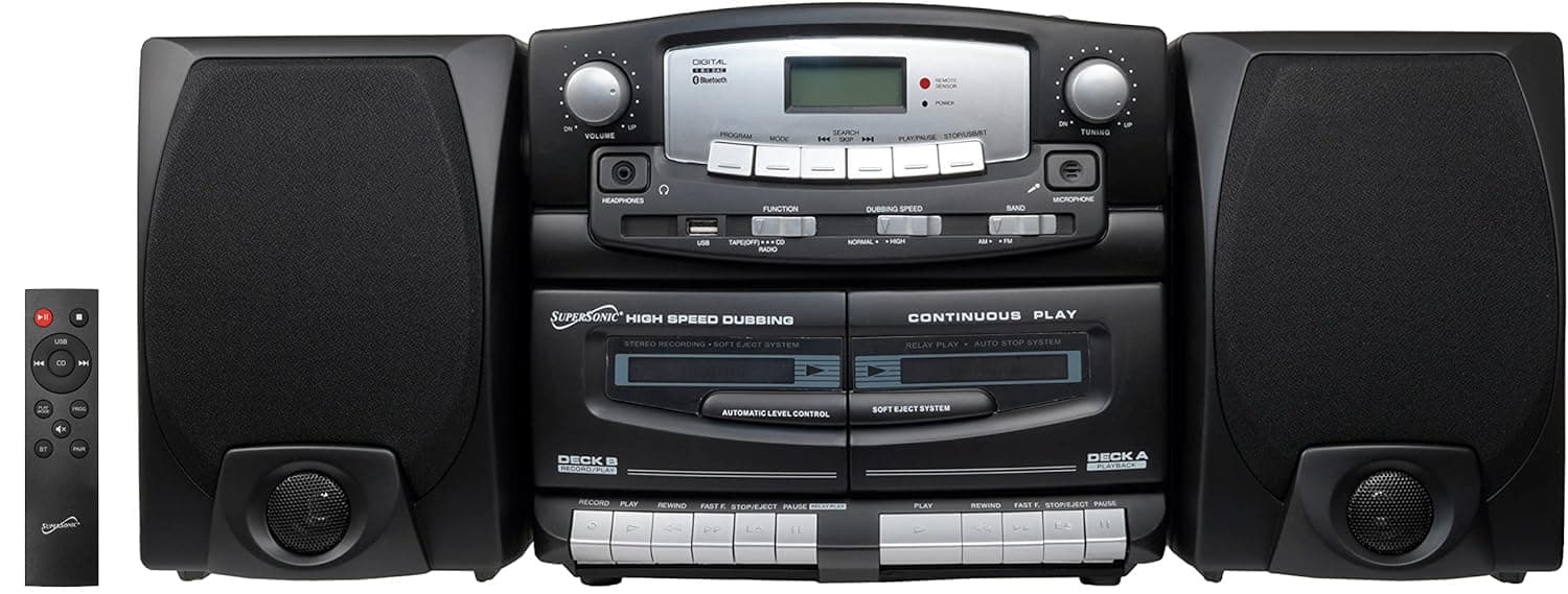 Black Edition Vintage Bluetooth Stereo System Home Music Audio System,CD/MP3 Player,AM/FM Radio,Dual Cassette Player/Rec USB inputs,Detachable Speakers,AC/DC,(Remote Included)Matte Black