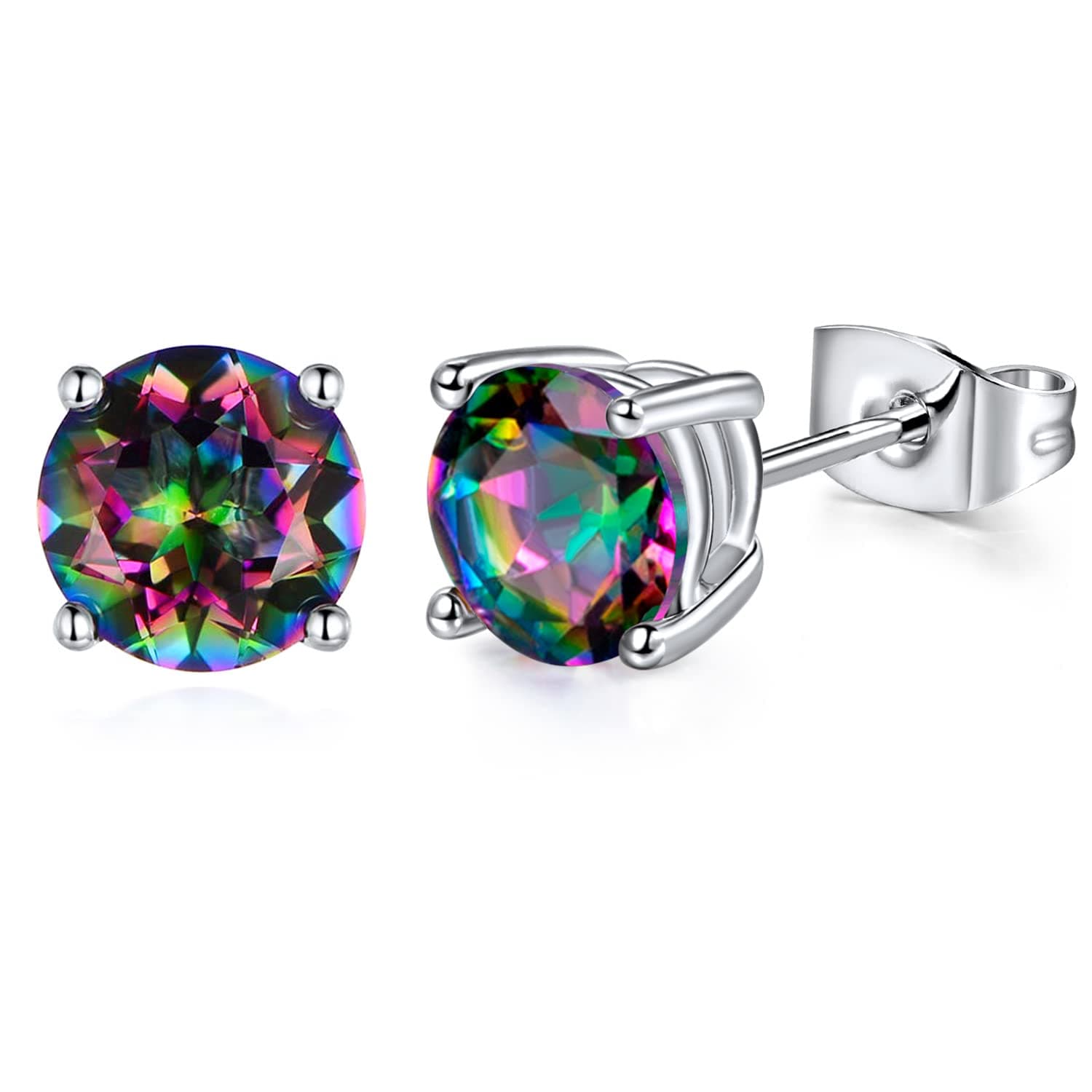 Created Rainbow Quartz Stud Earrings for Women Men 18K White Gold Plated Round/Square CZ Earrings Hypoallergenic Jewelry Gift