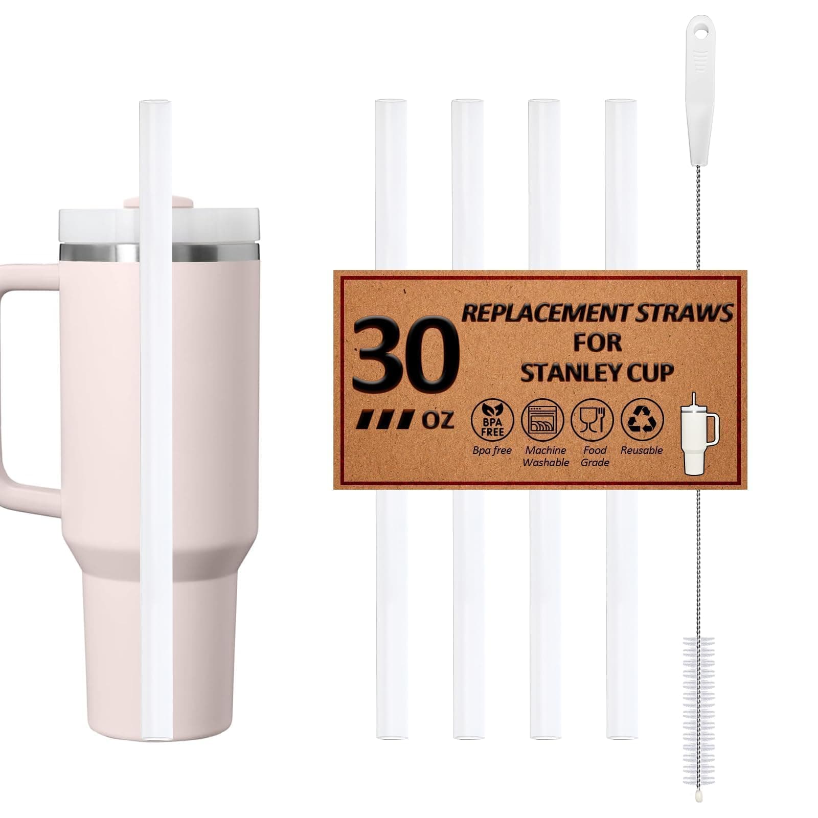 Reusable Straws for Stanley Cup 14/20oz | 30oz | 40/64oz, Replacement Straw with 1 Long Brush for Stanley Cup Accessories,Food Grade & BPA Free, Machine washable(4 pack,30oz, Transparent White)