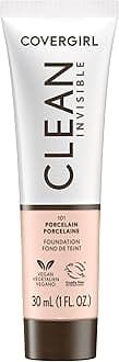 COVERGIRL Clean Invisible Foundation Makeup, Dewy & Glowy Natural Finish, Buildable Coverage, Skin-Like Smooth Look, Vegan, Porcelain, 1oz