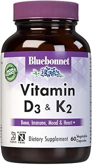 Bluebonnet Nutrition Vitamin D3 & K2, Soy-Free, for Strong-Healthy Bones*, Gluten-Free, Non-GMO, Dairy-Free, Kosher Certified, Vegetarian, 60 Vegetable Capsules, 60 Servings