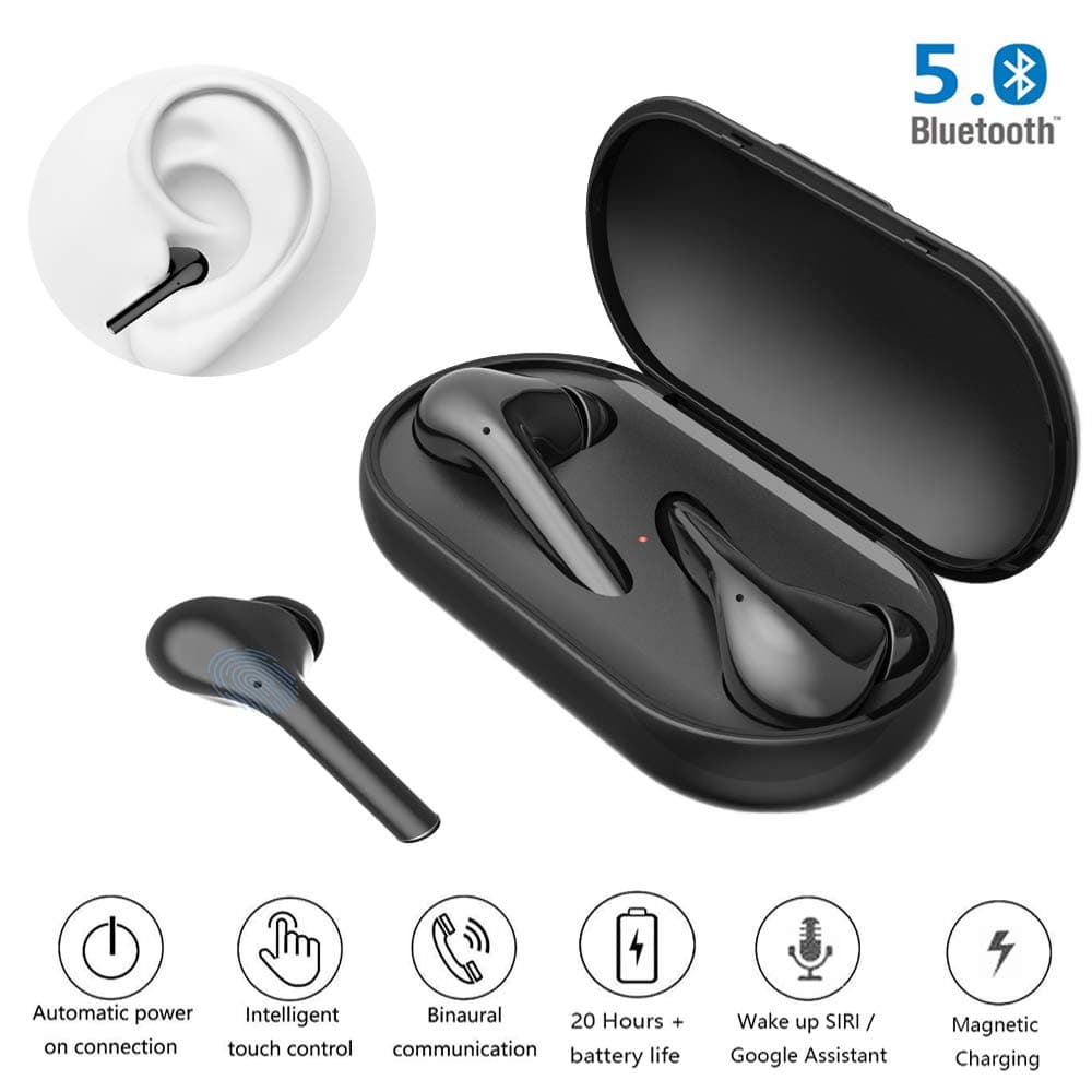 wireless earbuds, bluetooth 5.0 earphones true wireless stereo mini in-ear earbud headphones premium sound noise cancelling automatic pairing 20H battery portable charging case (black)