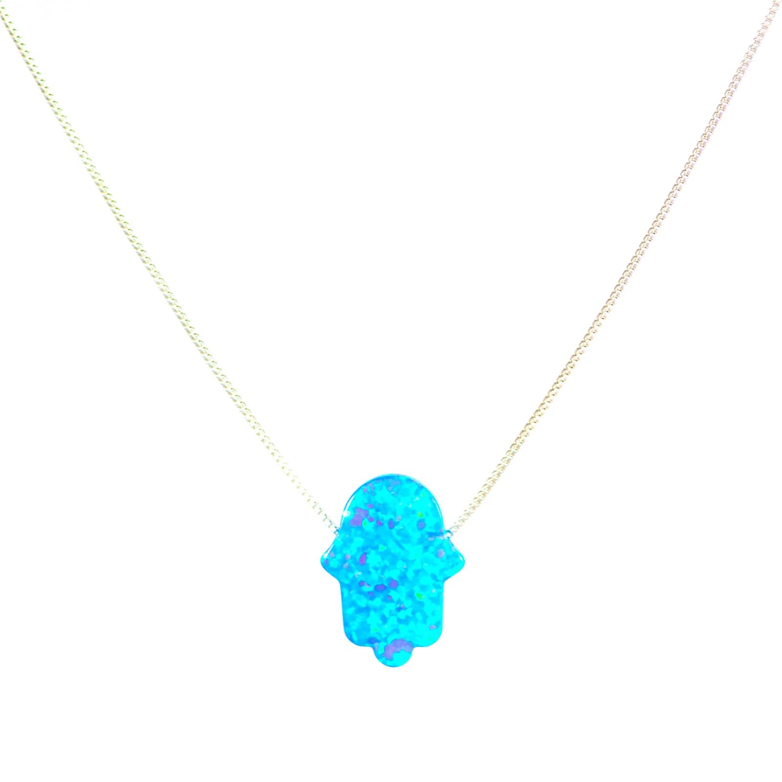Blue Opal Hamsa Luck Hand Necklace with 925 Sterling Silver Chain - Length 17inch