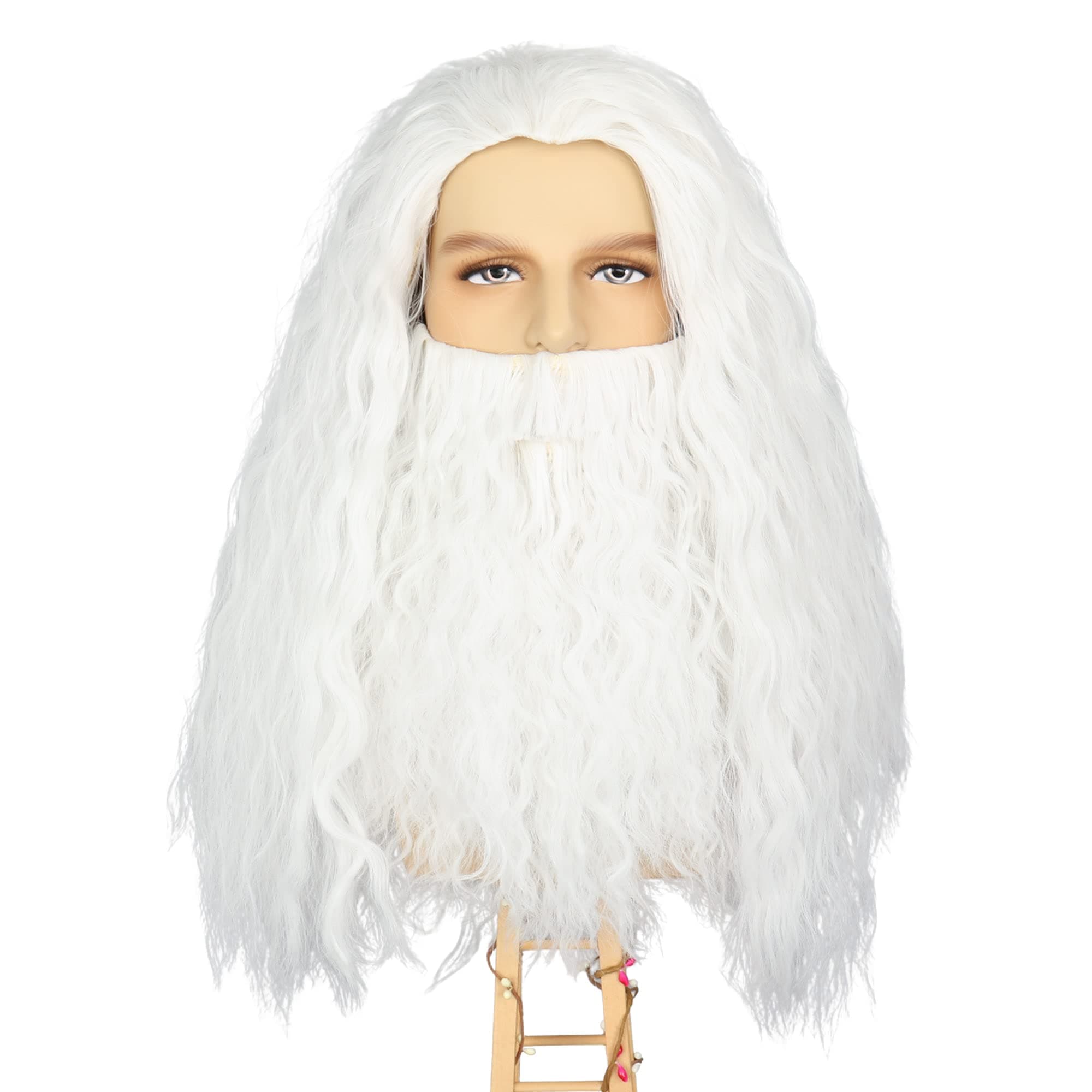 Yan Dream Santa Claus Wig and Beard Set White Wizard Wig Long Curly Old Man Grandpa Costume Wig for Halloween Cosplay 100 Days of School