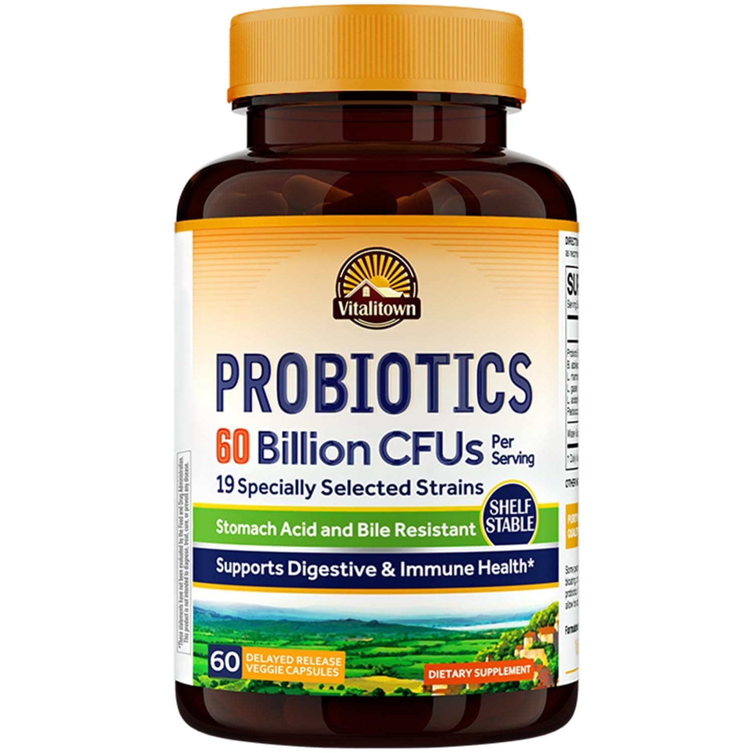 Vitalitown Probiotics + Prebiotics | 60 Billion CFUs 19 Strains | 60 Delayed Release Veg Caps | Shelf Stable, Stomach Acid & Bile Resistant | Digestive & Immune Support | Vegan, Non-GMO, Dairy Free