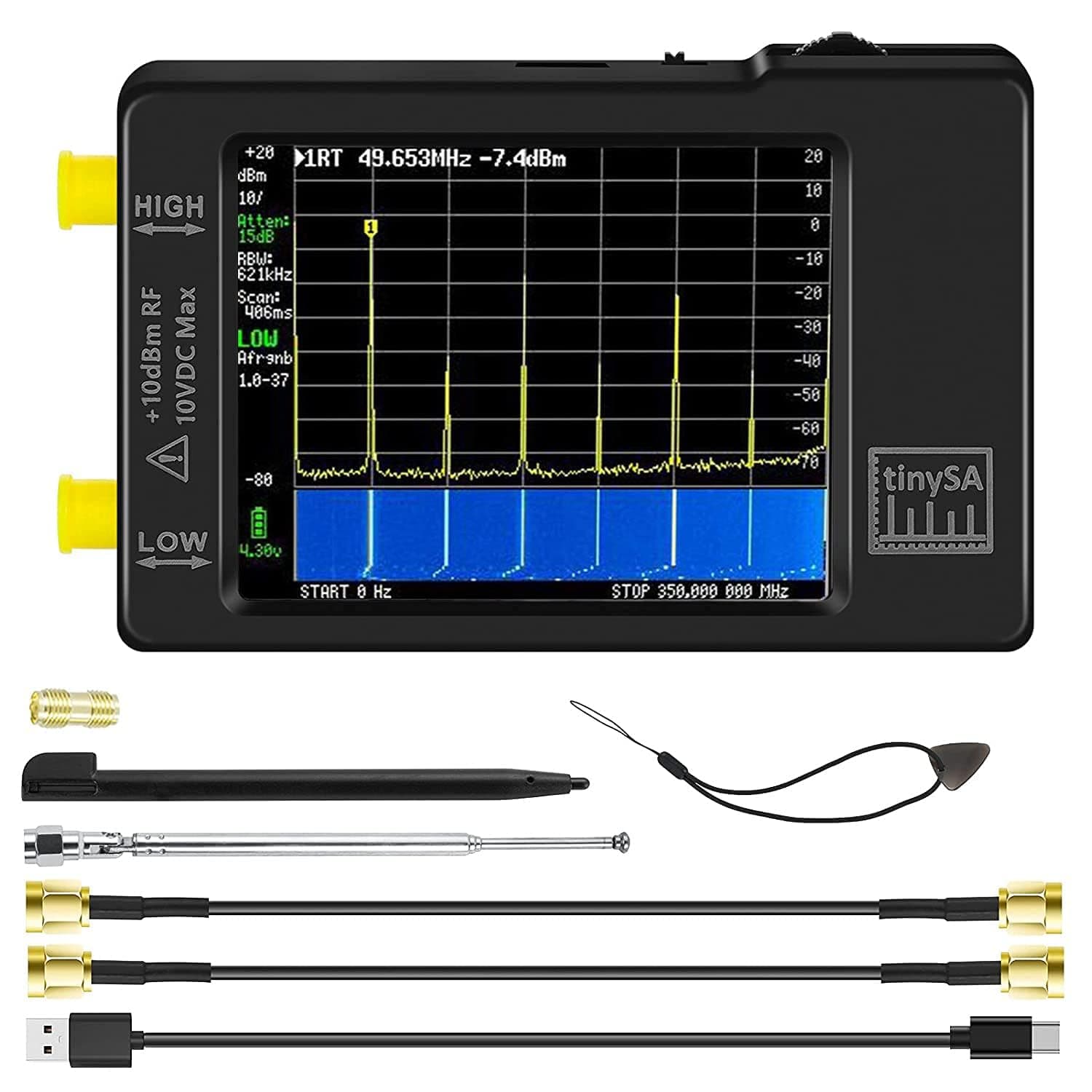 Hand Held Spectrum Analyzer, tinySA MF/HF/VHF UHF Input for 0.1MHZ-350MHz, UHF Input for 240MHz-960MHz, Signal Generator with 2.8 inch Touch Screen Battery