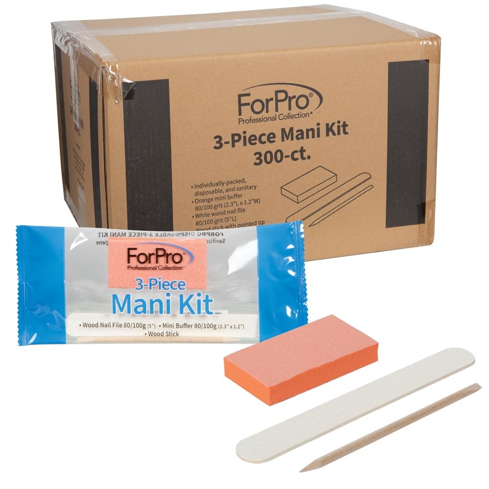 ForPro Basics 3-Piece Mani Kit, White Wood Nail File 100/180 Grit, Orange Mini Buffer 100/180 Grit, Wood Stick, 300-Count
