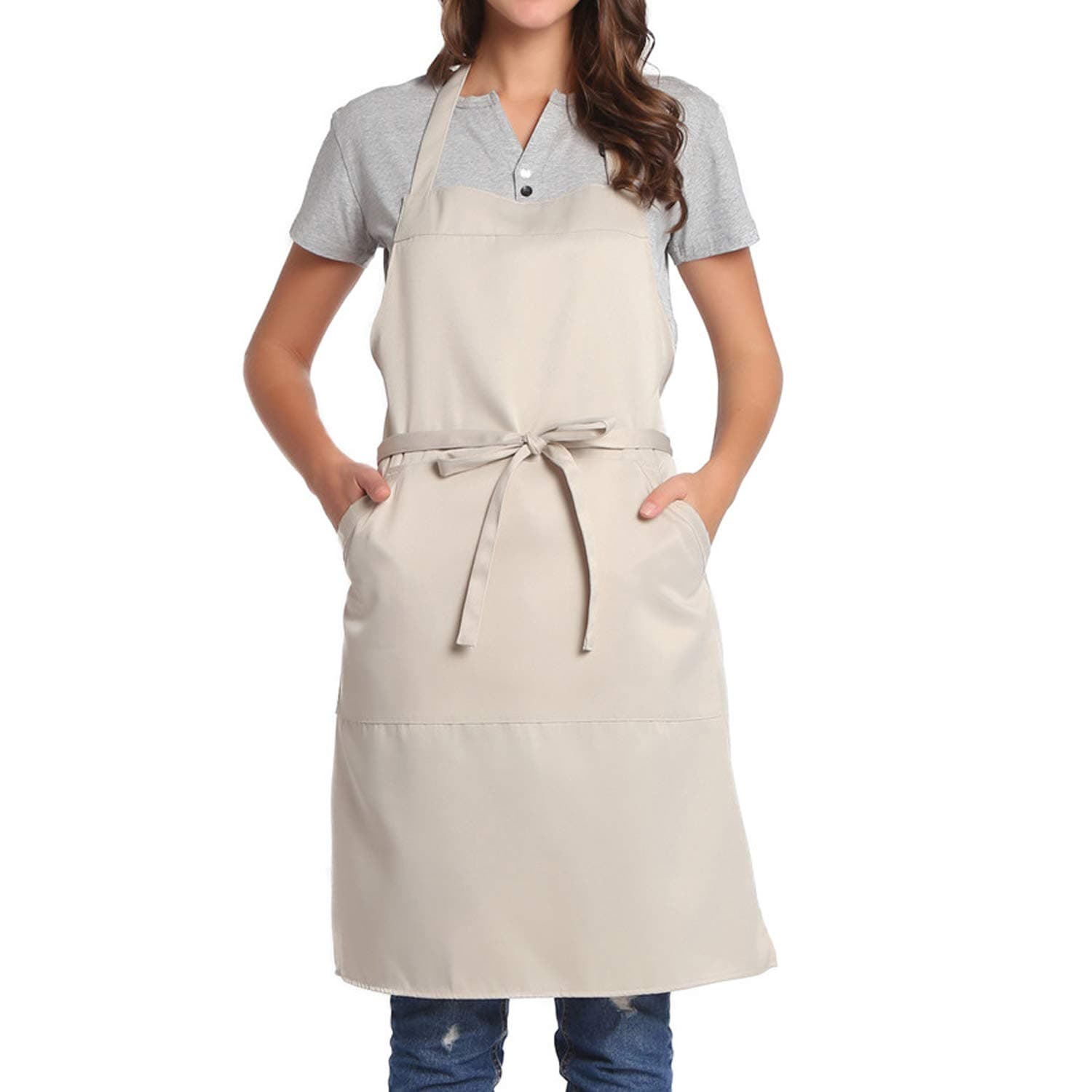 BIGHAS Adjustable Apron with Pocket, Extra Long Straps for Men and Women, 18 Colours, for Cook, Kitchen, Home, Restaurant, Cafe, Cooking, Baking, Gardening, 27 W x 32 L (Beige)