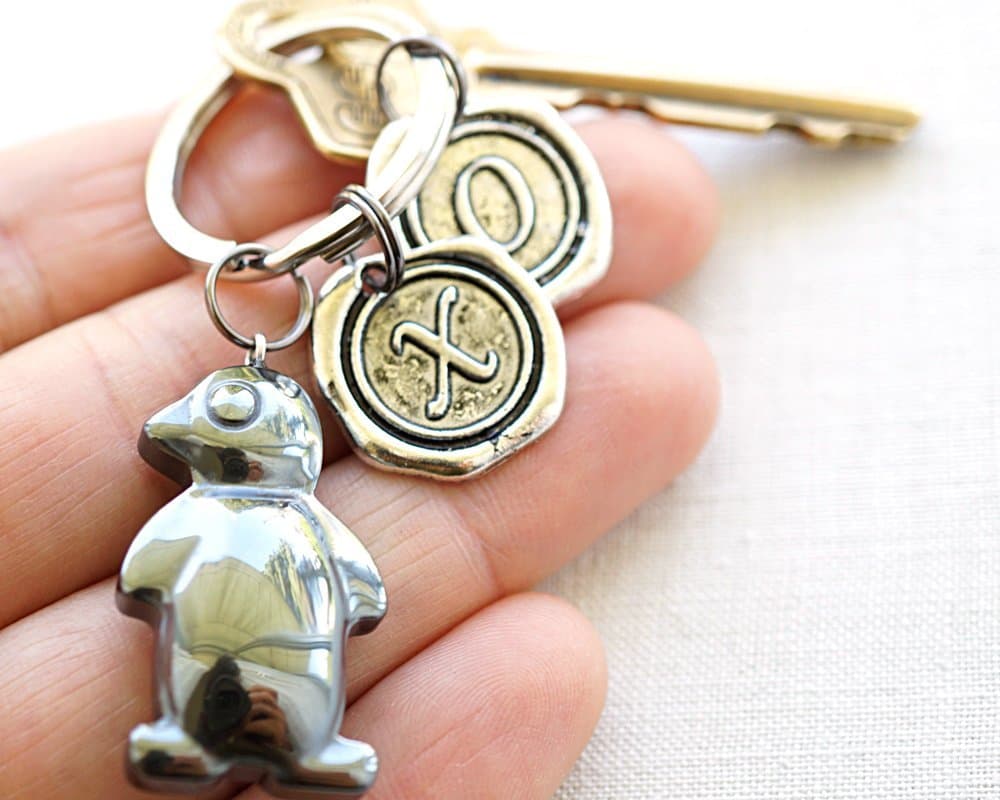 Carved Stone Hematite Penguin Keychain Silver Wax Seal Initial Monogram Personalized Custom Keyring Boyfriend Gift for him for her Handmade and Crafted by KapKaDesign
