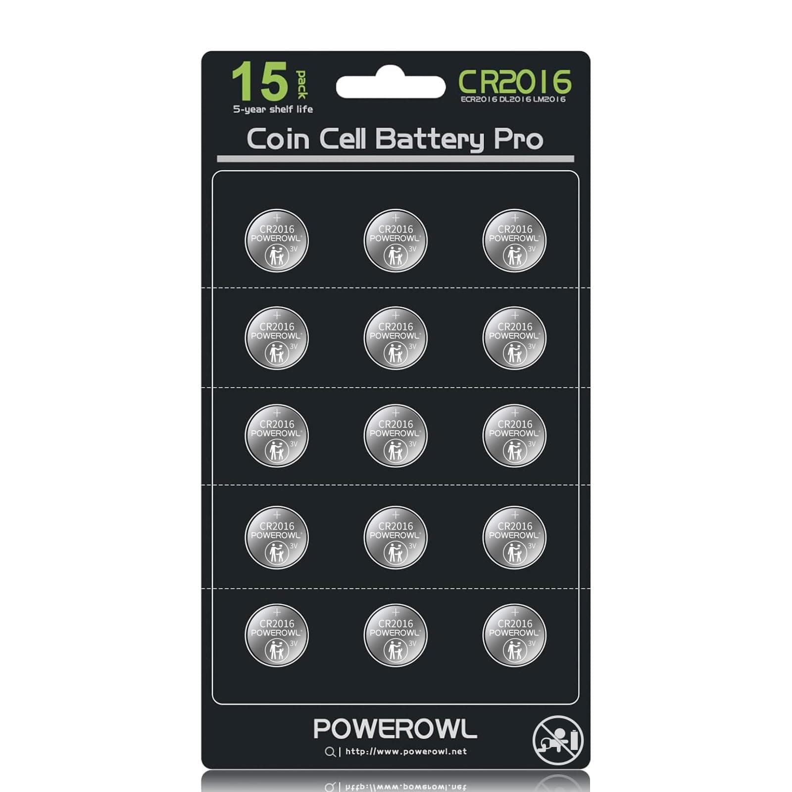 High Capacity CR2016 Battery (15-Pack) CR 2016 3v Lithium Batteries, 10 Years Leak-Free