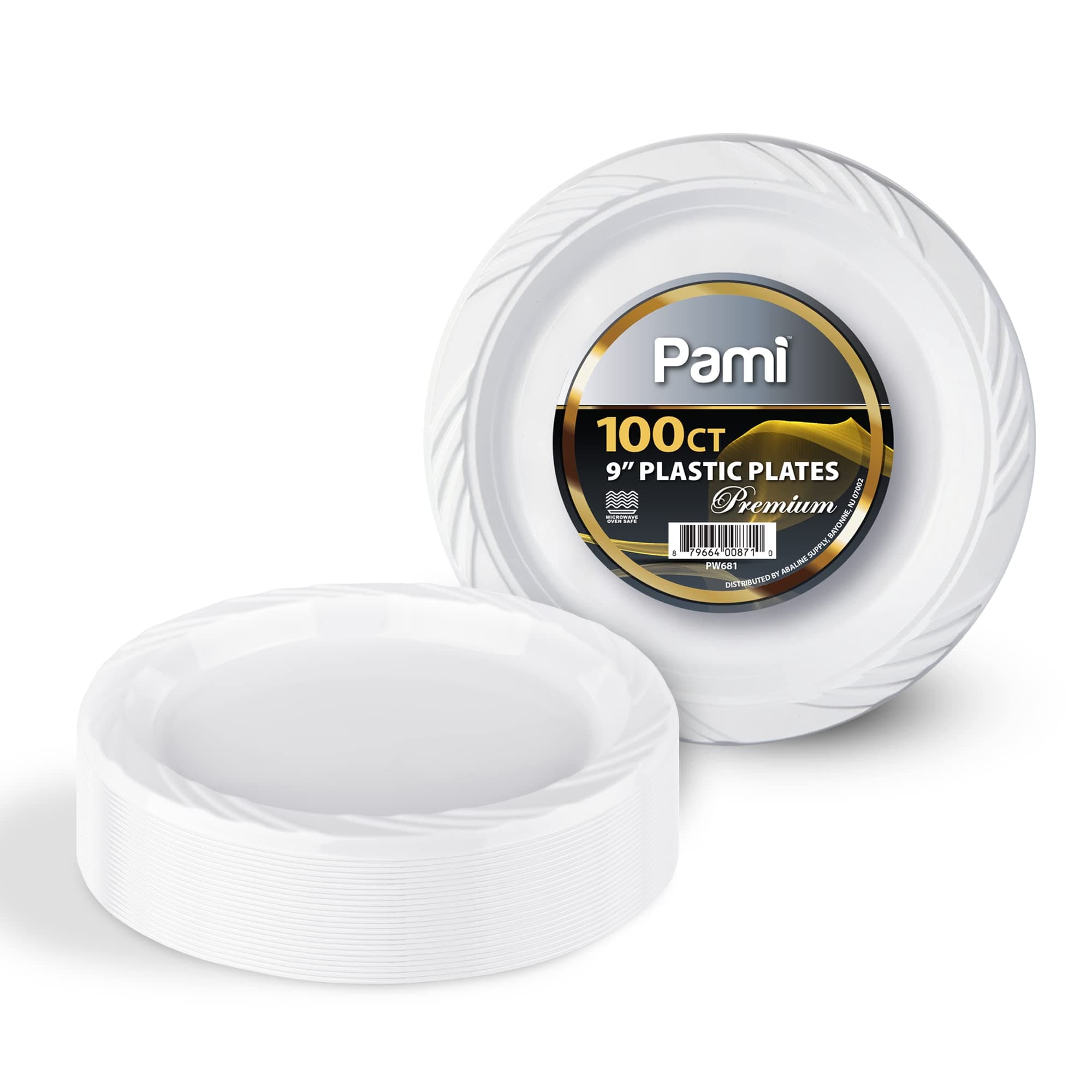 PAMI Premium Disposable Plastic Plates 9'' [Pack of 100] - White Party Plates For Dinner Desserts Appetizers- Heavy-Duty Microwavable Plates In Bulk For Any Occasion- Elegant Plastic Dinnerware Set