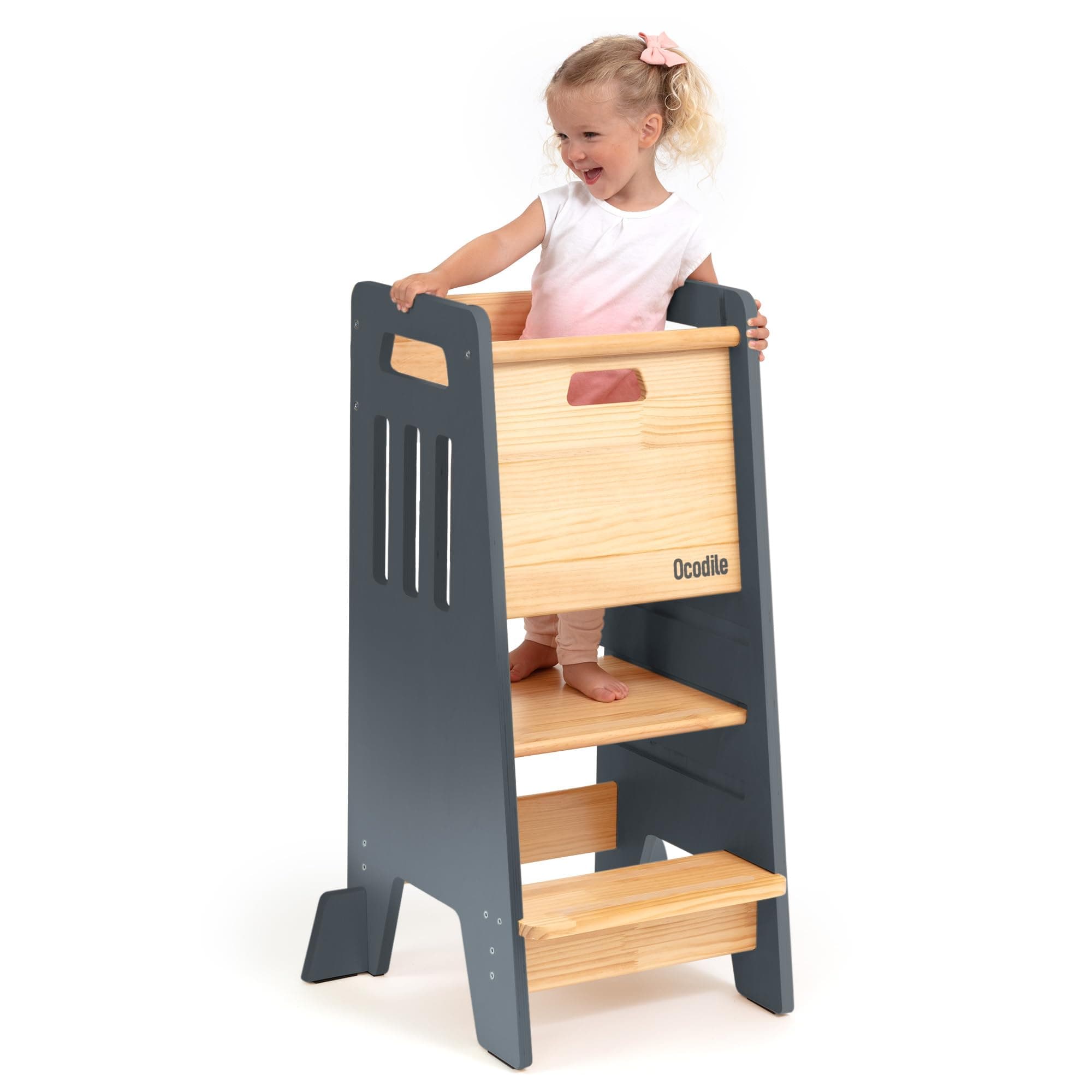 Ocodile Toddler Tower with a Sliding Door Ensuring Full Back Protection - Complete Toddler Kitchen Stool Helper with Support Feet - Easily Height Adjustable for 18+ Months Kids to 6-year-old - Gray