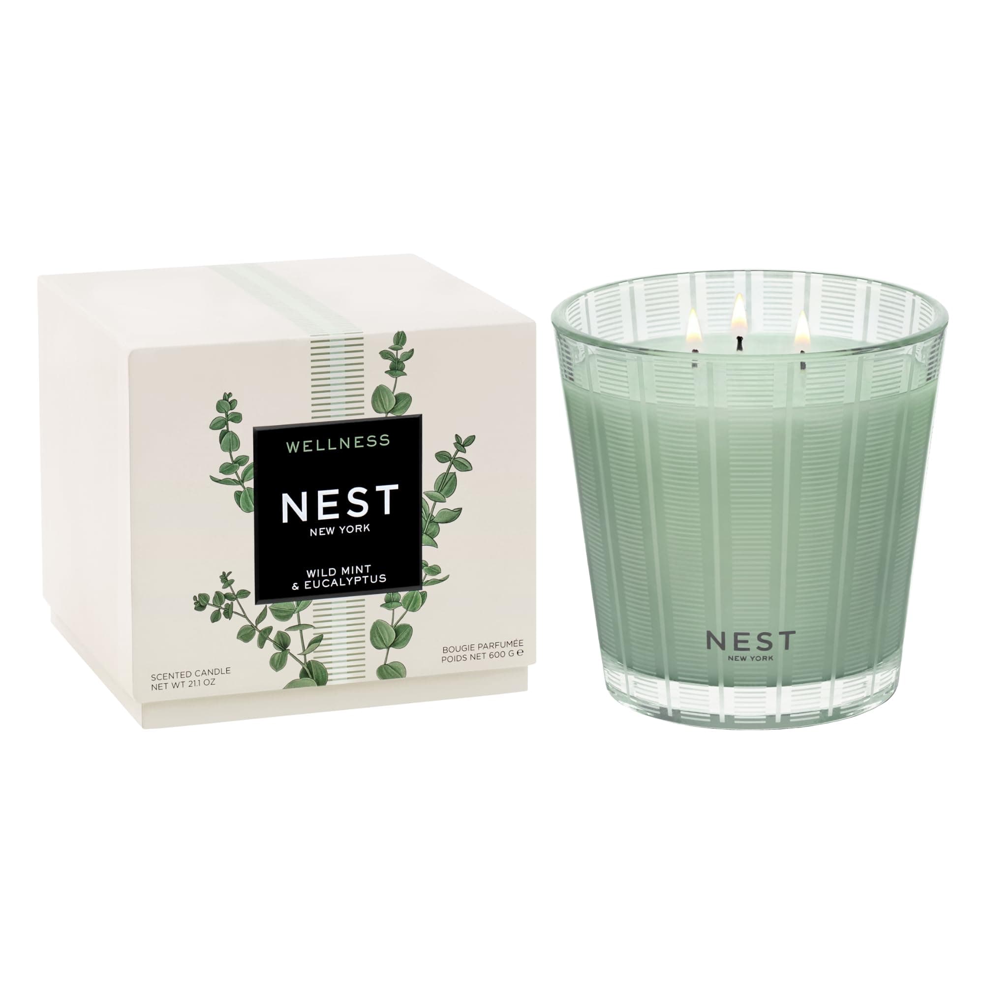 NEST New York Scented 3-Wick Candle, Wild Mint & Eucalyptus - 21.2 oz - Up to 100-Hour Burn Time - Reusable Glass Vessel