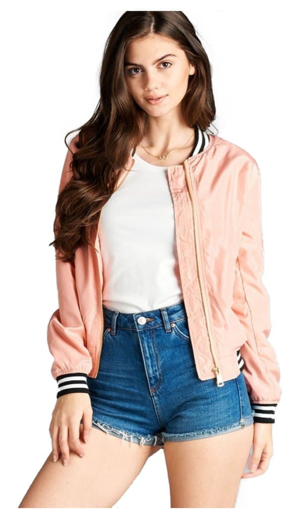 Women's Zip-Up Shiny Satin Varsity Ribbed Bomber Jacket
