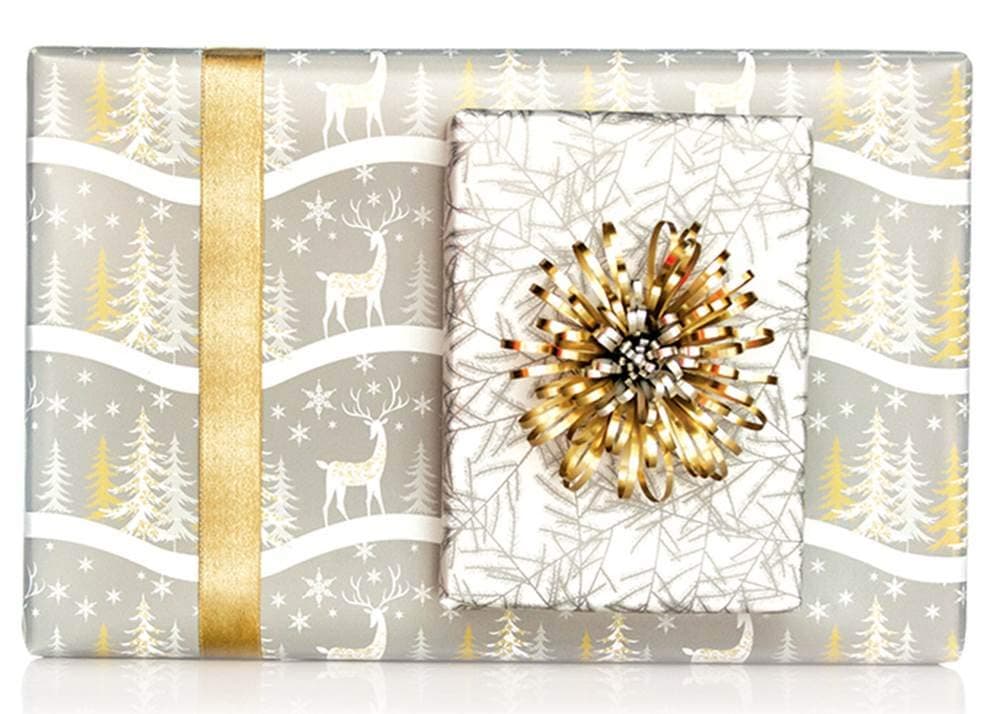 Reversible Metallic Gold Silver Reindeer Christmas Trees Gift Wrap Wrapping Paper - 15 Foot Roll