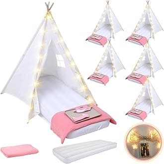 Windyun 6 Pack Kids Teepee Tent for Slumber Party Sleepover Tents for Girls Party with Air Mattress, Star Lights, Blankets Trays Sheets, Natural Cotton Toddler Play Teepee for Indoor Outdoor(White)