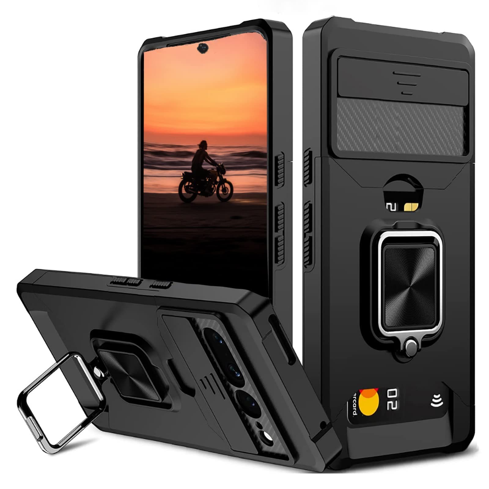 rojarou for Google Pixel 7 Pro Case with Card Holder,Slide Camera Cover,360° Rotate Ring Kickstand Heavy Duty Protective Phone Case for Pixel 7 Pro Cover-Black