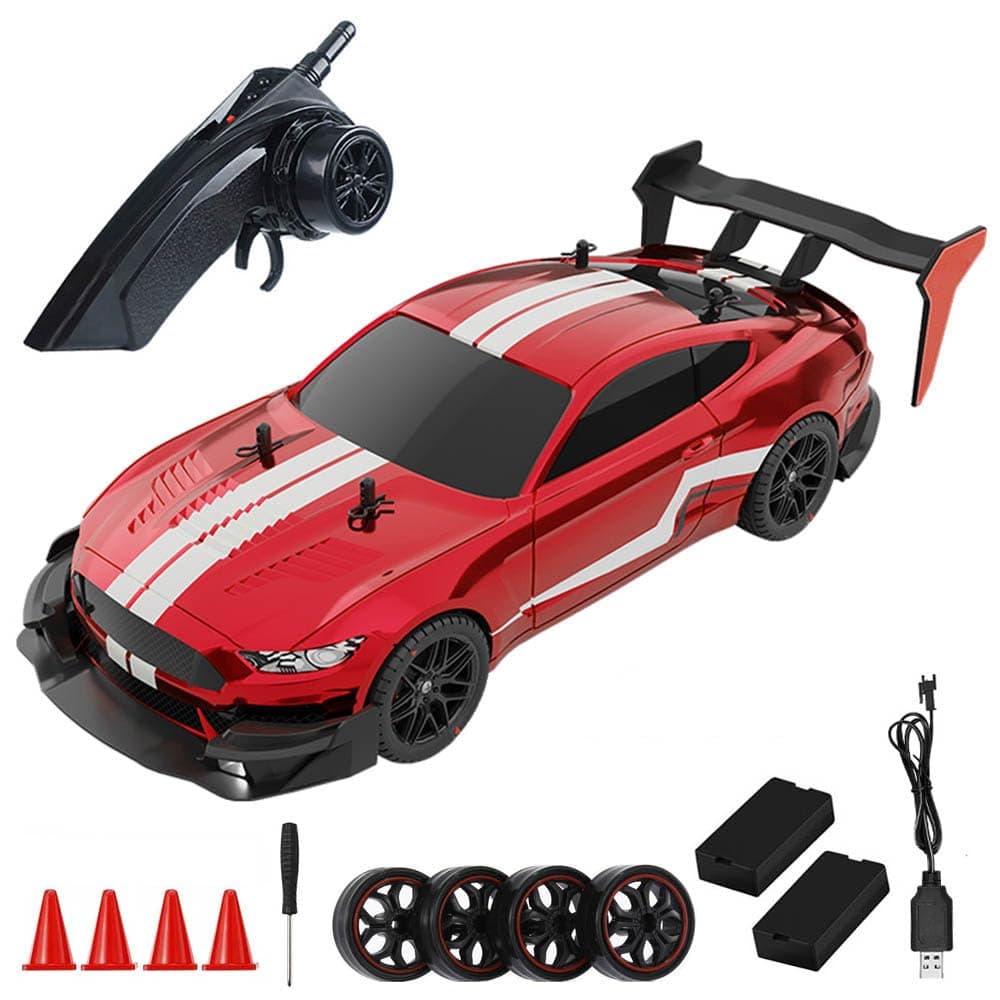 RC Drift Car, 1:14 4WD 40KM/H High Speed RC Racing Car with LED Lights, 2 Batteries, Drifting and Racing Tires for Adults (Red)