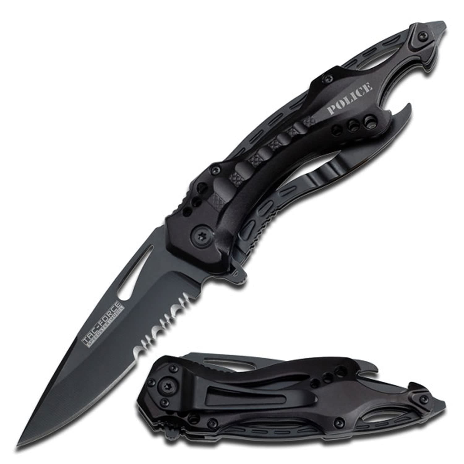 Folding Pocket Knife, 3.25-inch Serrated Blade, Black Aluminum Handle, 7.75-inch Overall Length TF-705BK