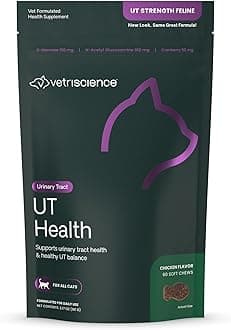 VetriScience UT Health Chews, UT Strength Cranberry and D-Mannose Bladder & Urinary Tract Supplement for Cats, With Bromelain and Probiotics, Chicken, 60 Count