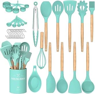 Umite Chef Kitchen Utensils Set, Non-Stick Silicone Kitchen Utensils, Spatula Set with Holder, Wooden Handle, Heat Resistant Silicone, 24 Pieces, Green
