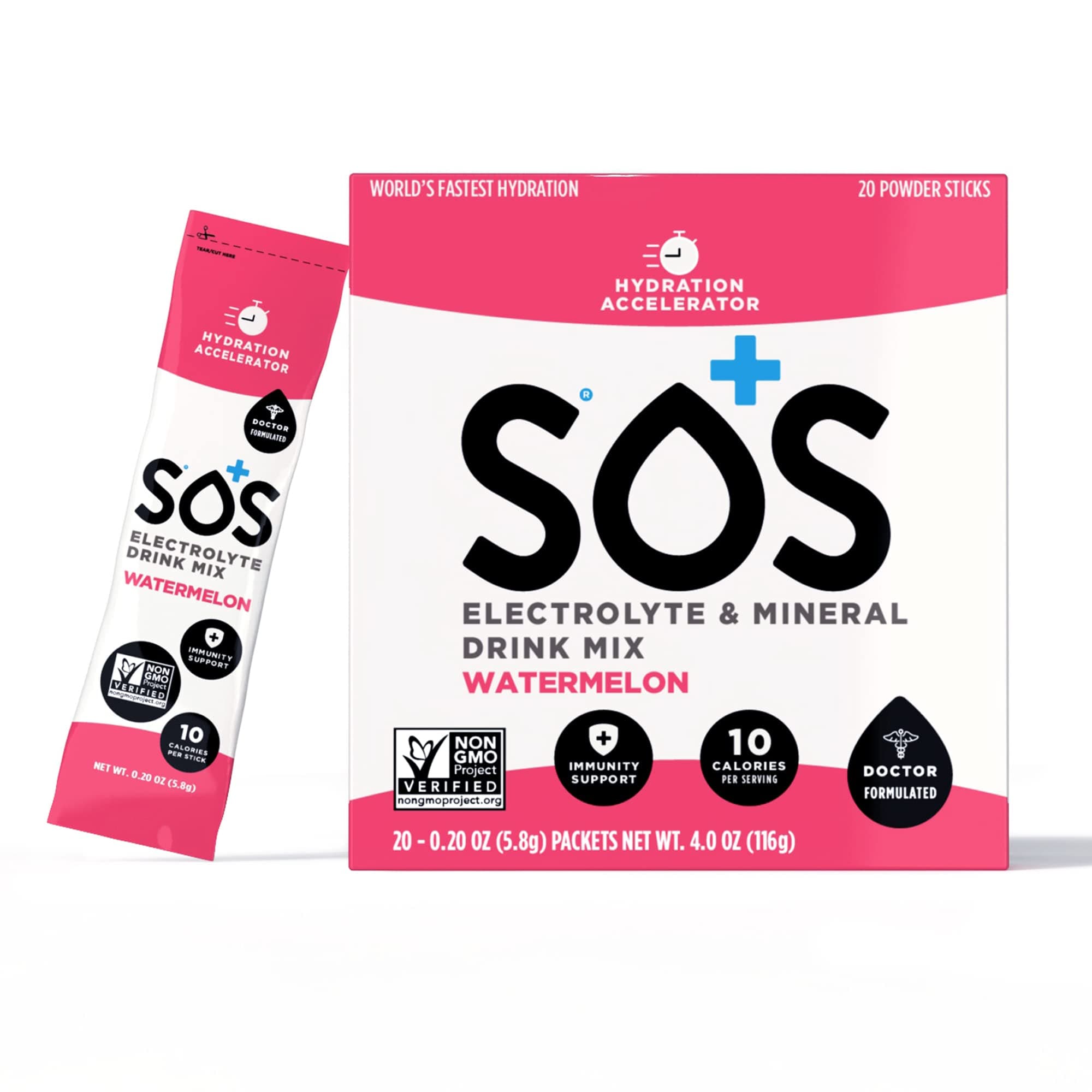SOS Hydration Electrolytes Powder Packets - Dehydration Mineral Water Flavoring Drink Mix Multiplier, Helps Renew Energy & Rehydration, with Potassium & Low Sugar - Watermelon (20 Stick Packets)