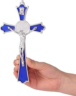 VINETEN Blue Enamel Crucifix Wall Cross -Saint Benedict Metal Wall Art-Cross Give Blessing and The Spiritual Sacred -Crucifix Gift for Grandma, boys Baptism Gift
